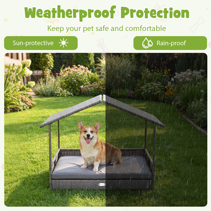 Elevated PE Rattan Dog Bed With Canopy, Gray
