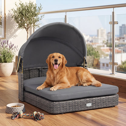 Maison pour chien en osier avec auvent et coussins, grise