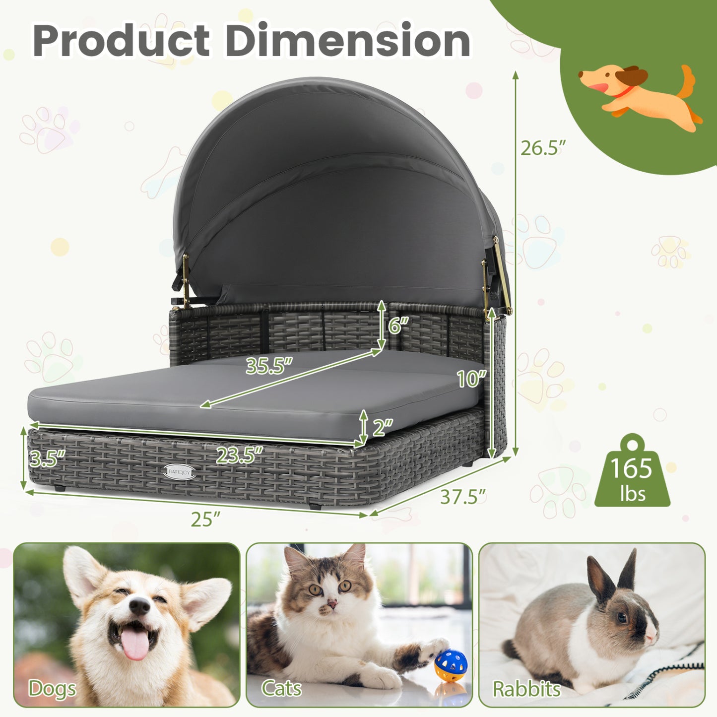 Maison pour chien en osier avec auvent et coussins, grise