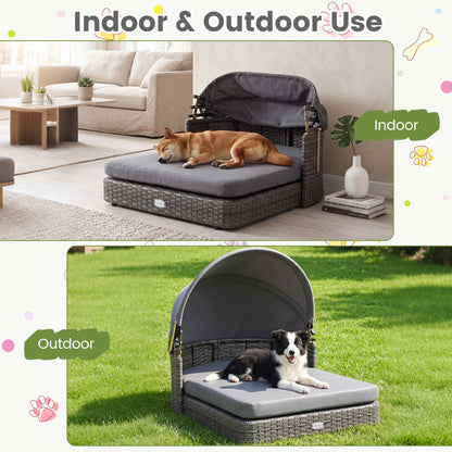 Maison pour chien en osier avec auvent et coussins, grise
