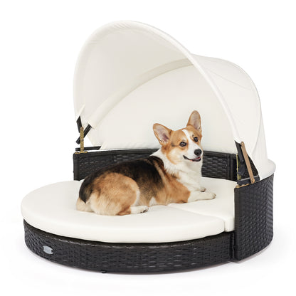 Maison pour chien en osier, auvent rétractable, coussin amovible, blanc