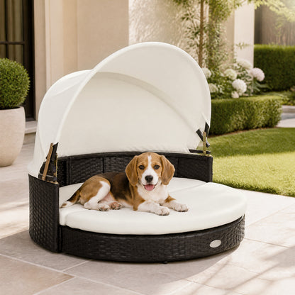 Maison pour chien en osier, auvent rétractable, coussin amovible, blanc