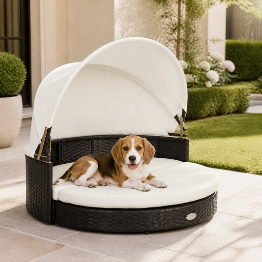 Wicker Dog House, Retractable Canopy, Removable Cushion, White Dog Kennels White at Gallery Canada
