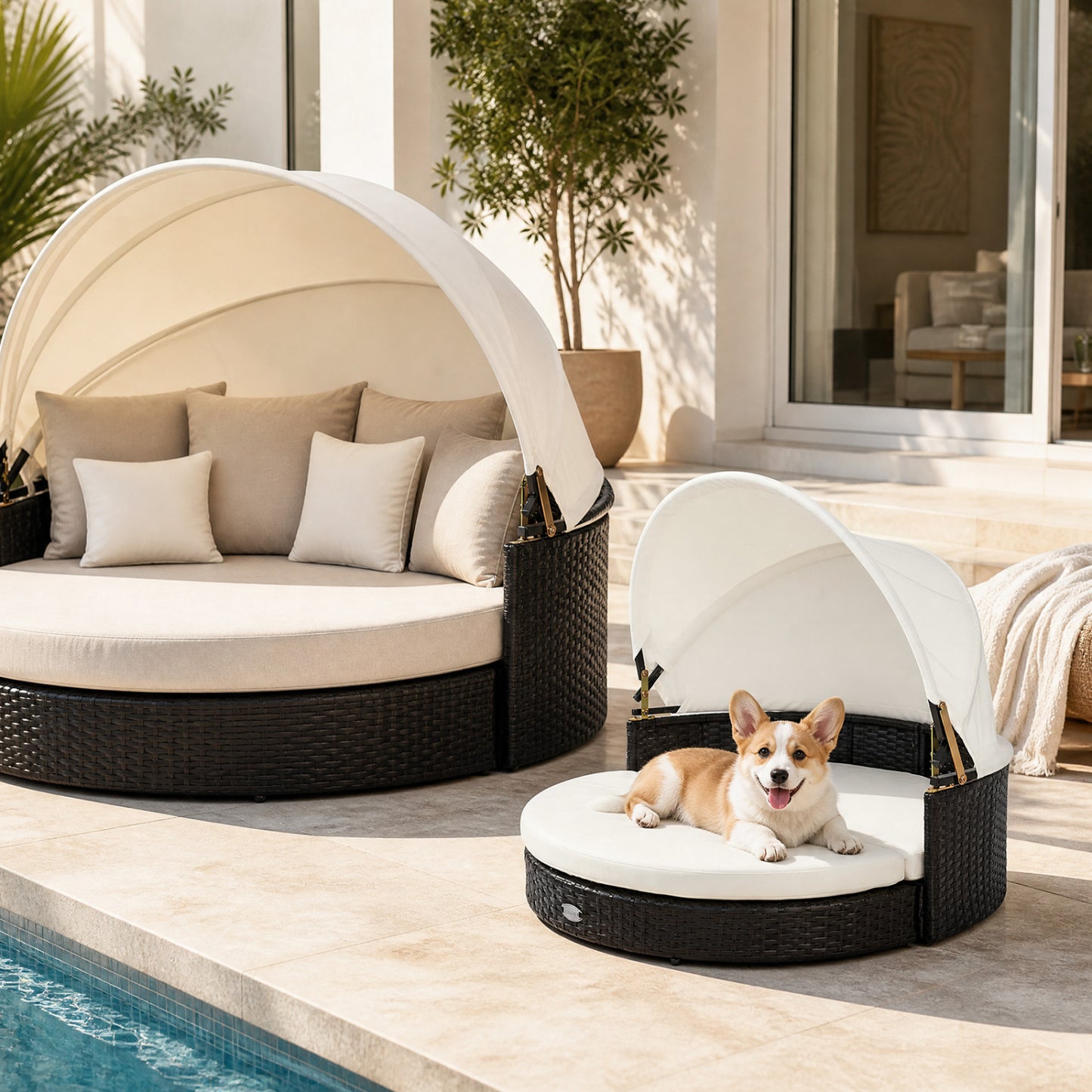 Maison pour chien en osier, auvent rétractable, coussin amovible, blanc