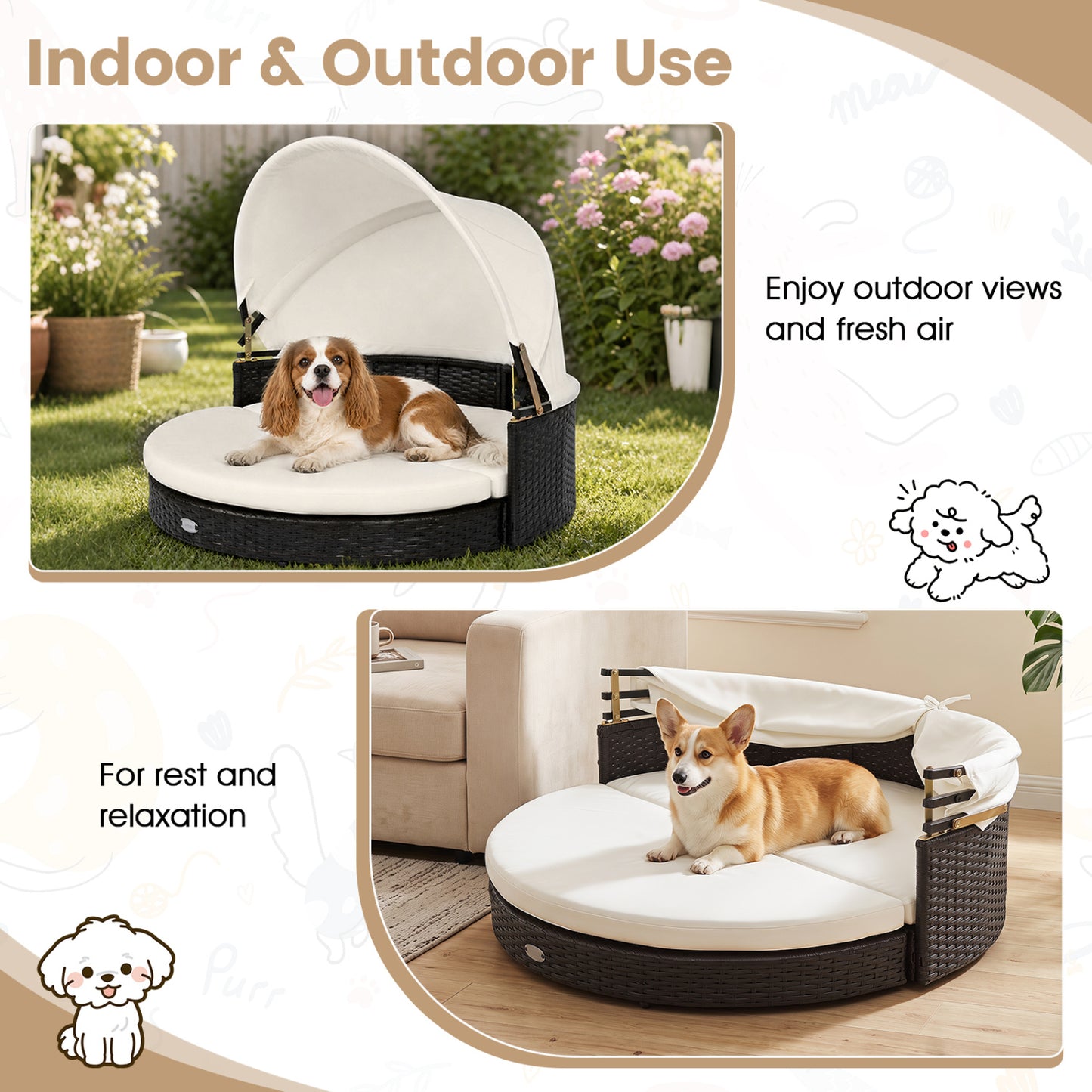 Maison pour chien en osier, auvent rétractable, coussin amovible, blanc