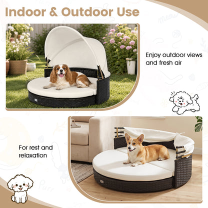 Maison pour chien en osier, auvent rétractable, coussin amovible, blanc