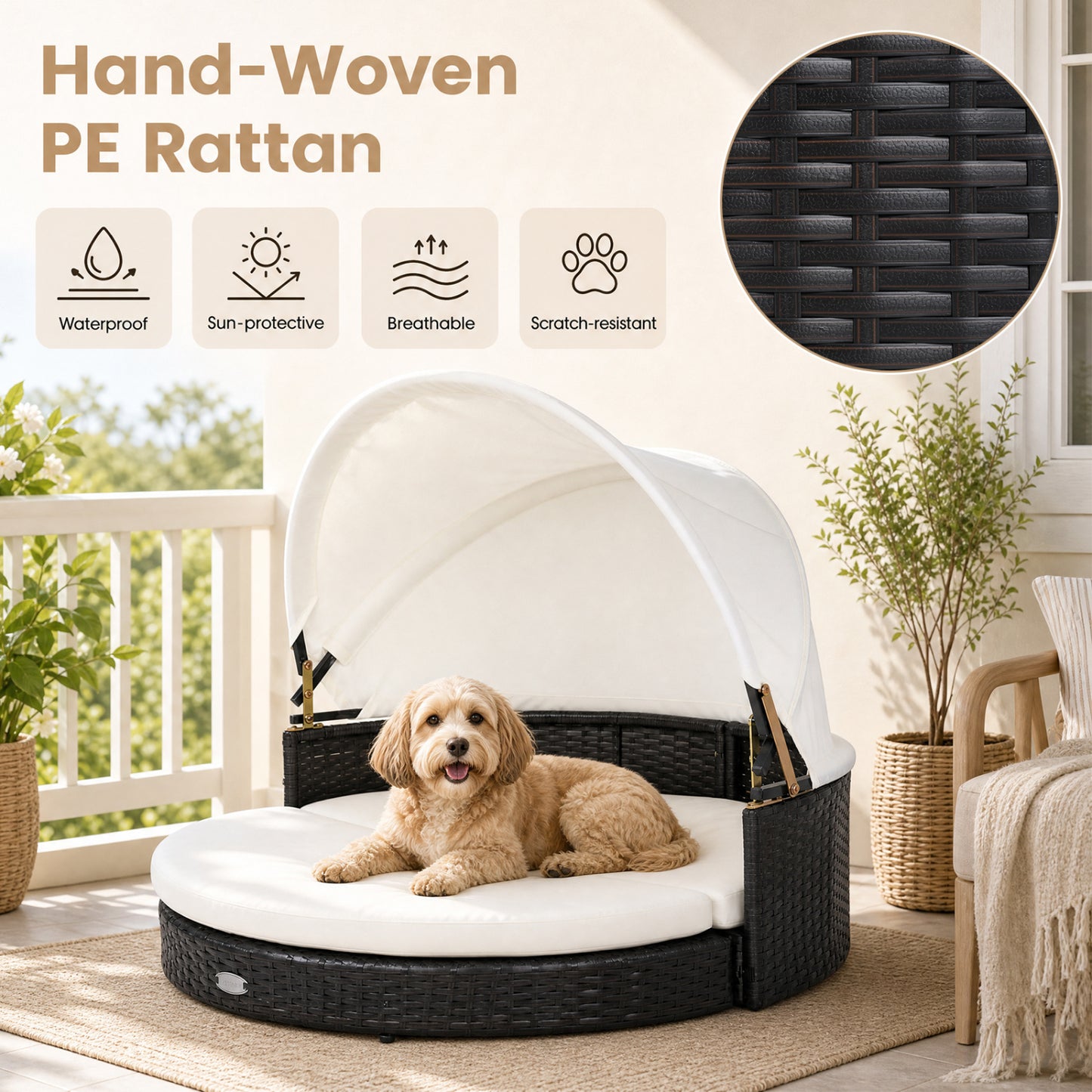Maison pour chien en osier, auvent rétractable, coussin amovible, blanc