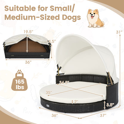 Maison pour chien en osier, auvent rétractable, coussin amovible, blanc