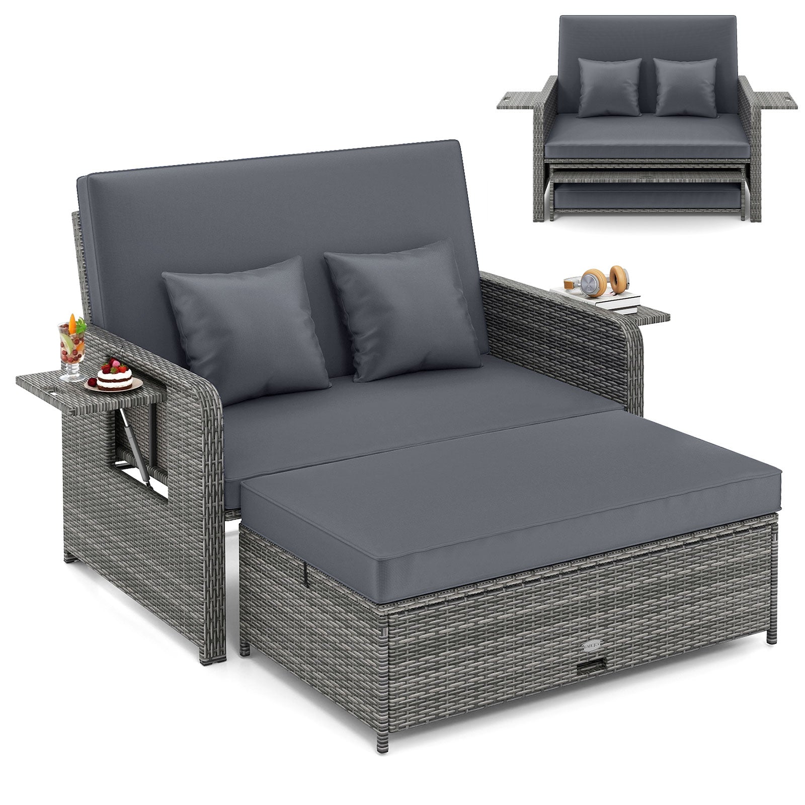 Wicker Loveseat Sofa With Ottoman, Side Tray, Gray Patio Furniture Sets at Gallery Canada