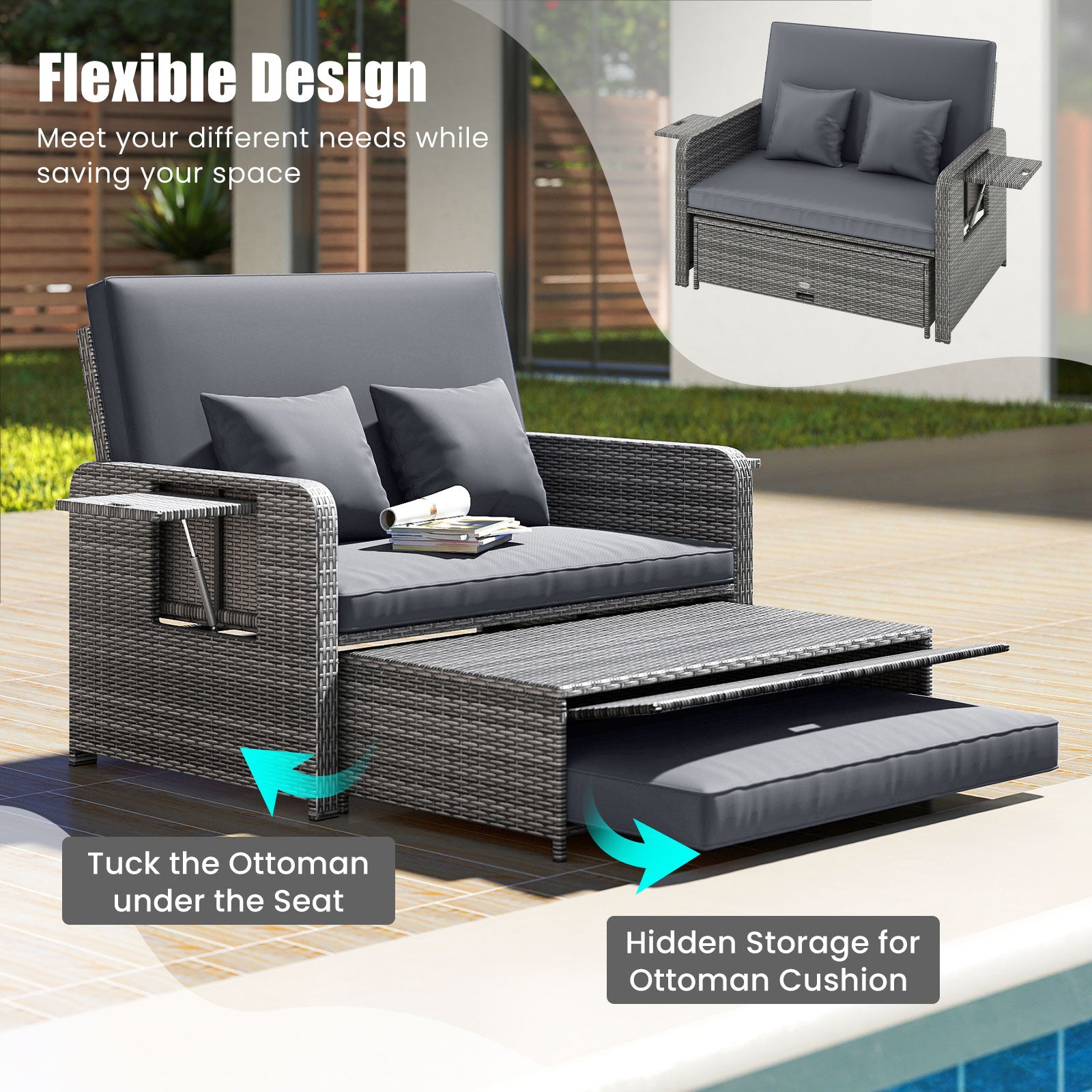 Wicker Loveseat Sofa With Ottoman, Side Tray, Gray Patio Furniture Sets at Gallery Canada