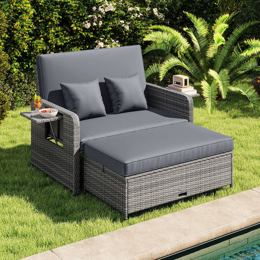 Wicker Loveseat Sofa With Ottoman, Side Tray, Gray Patio Furniture Sets Gray at Gallery Canada