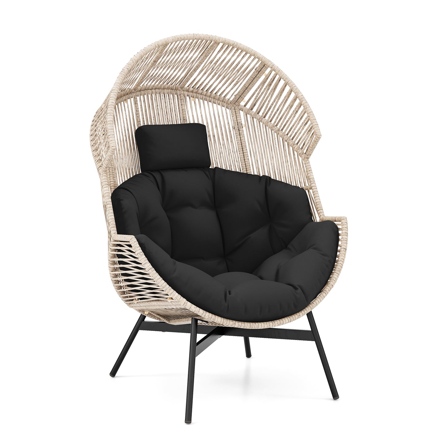 Chaise Œuf Surdimensionnée en Osier Avec Coussins, Appui-tête, Noir