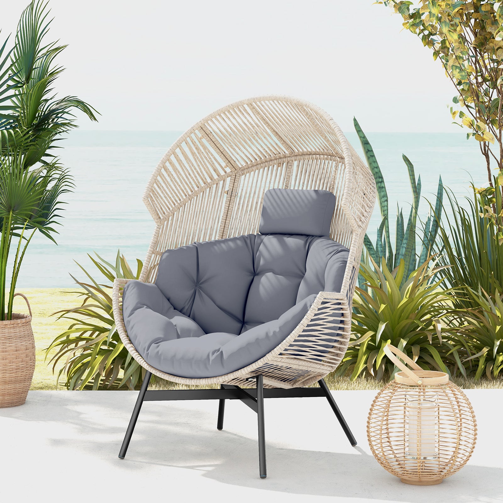 Wicker Oversized Egg Style Chair with Cushions and Headrest, Gray Outdoor Chaise Lounges at Gallery Canada