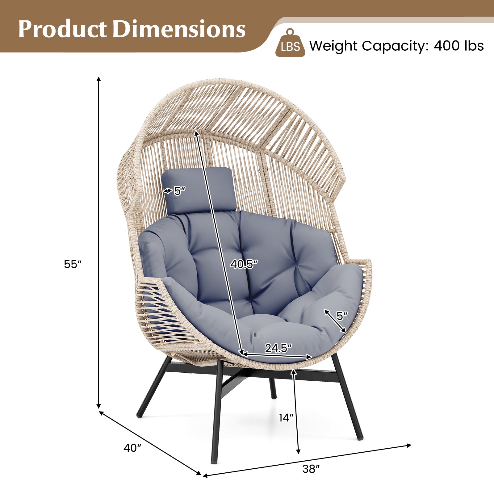 Wicker Oversized Egg Style Chair with Cushions and Headrest, Gray Outdoor Chaise Lounges at Gallery Canada
