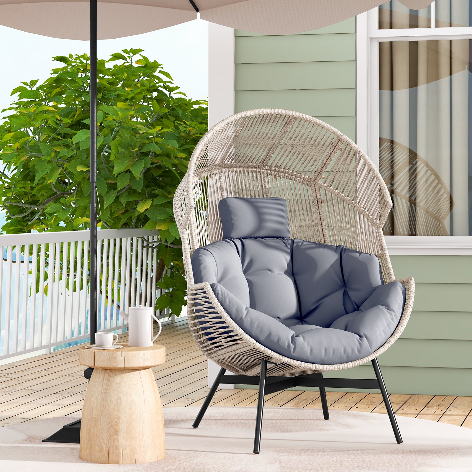 Wicker Oversized Egg Style Chair with Cushions and Headrest, Gray Outdoor Chaise Lounges at Gallery Canada