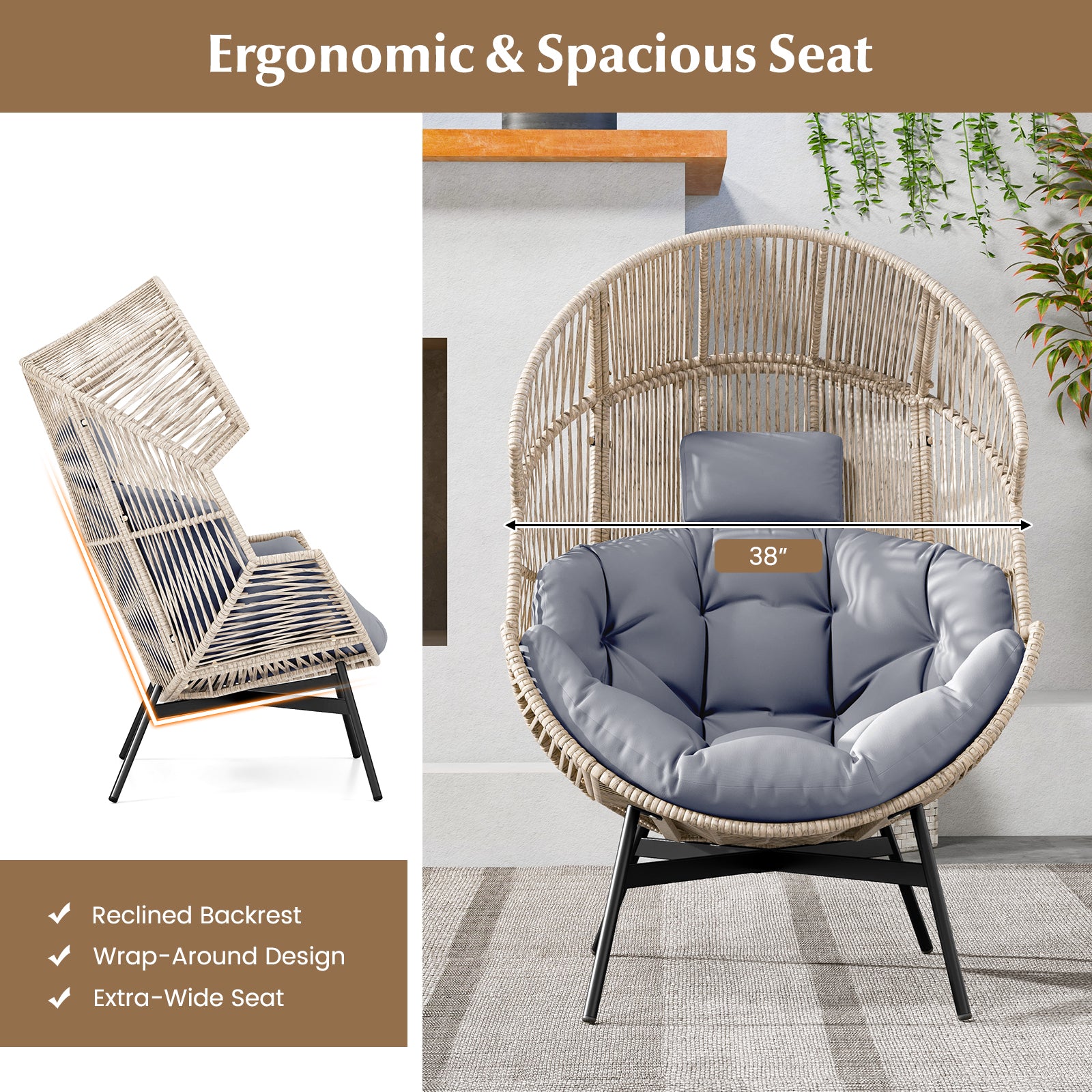 Wicker Oversized Egg Style Chair with Cushions and Headrest, Gray Outdoor Chaise Lounges at Gallery Canada