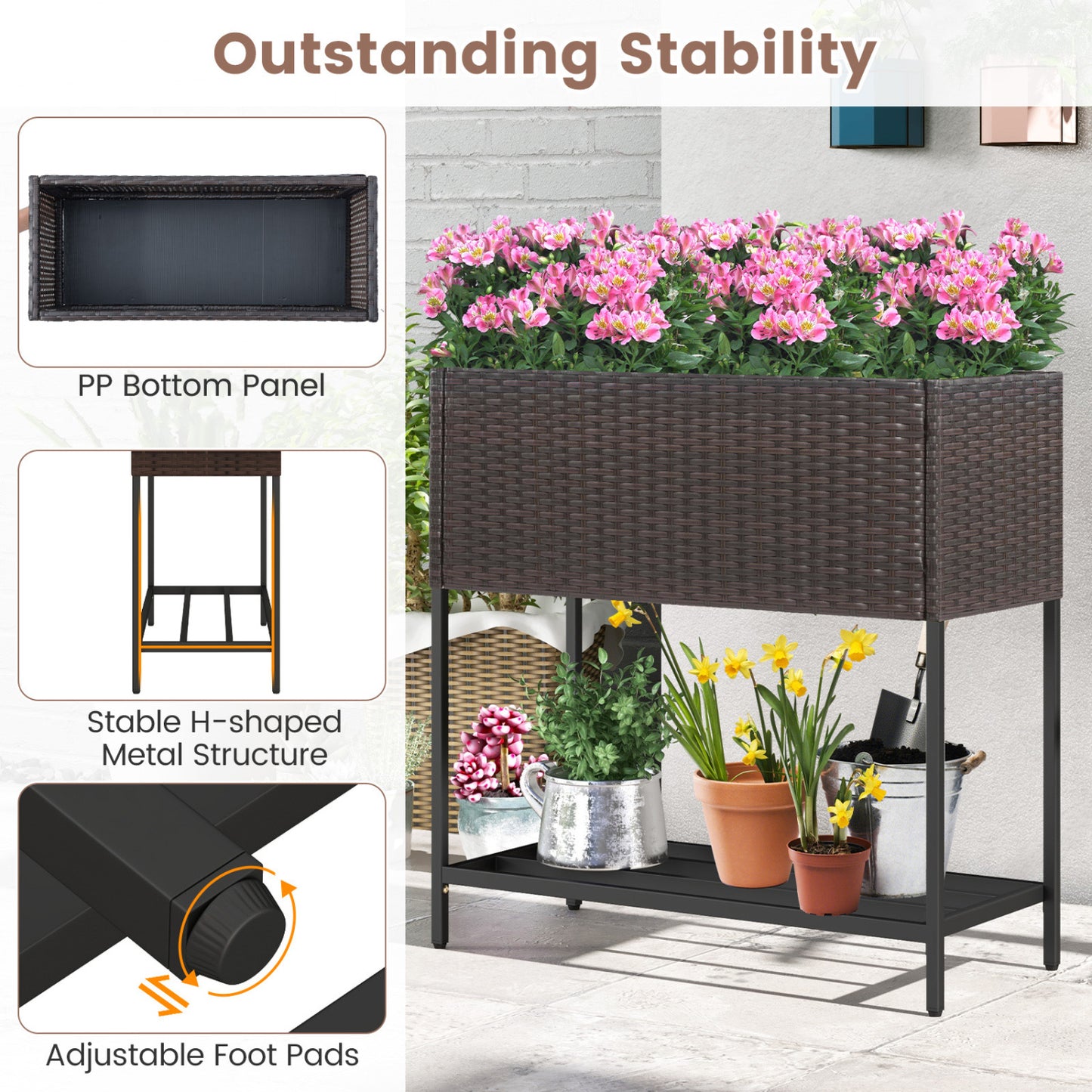 Lit de jardin surélevé en osier avec étagère de rangement, doublure amovible, marron
