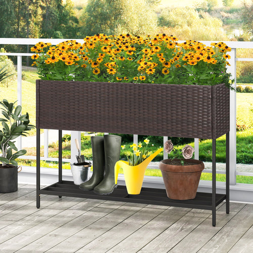 Wicker Raised Garden Bed, 4x2 Feet, With Storage Shelf, Drainage Gaps, Brown