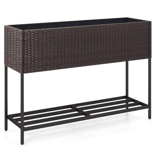 Wicker Raised Garden Bed, 4x2 Feet, With Storage Shelf, Drainage Gaps, Brown