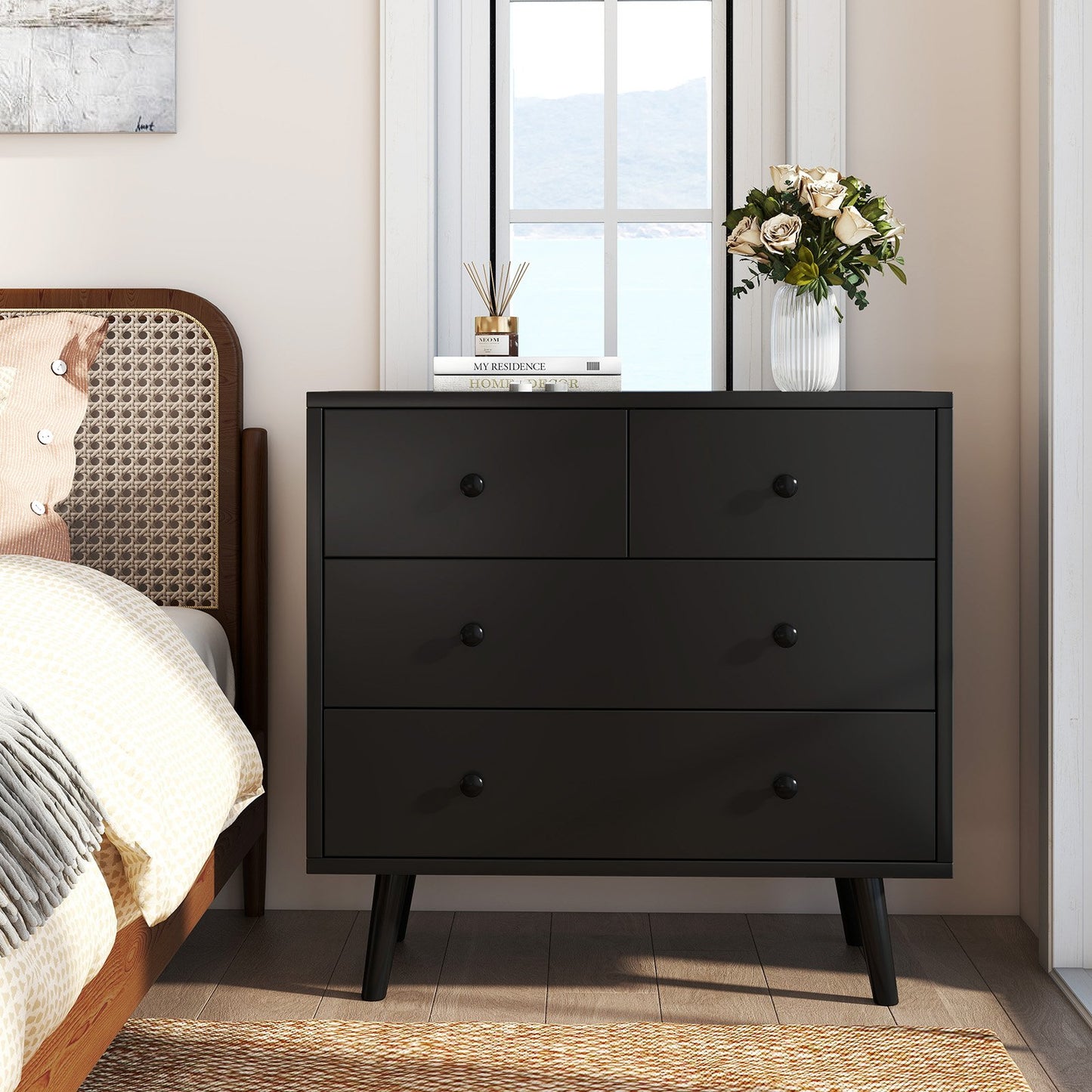 Wide Wooden Dresser with 4 Drawers for Bedroom Living Room, Black Dressers & Chests at Gallery Canada