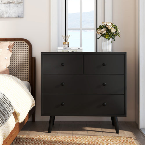 Wide Wooden Dresser with 4 Drawers for Bedroom Living Room, Black