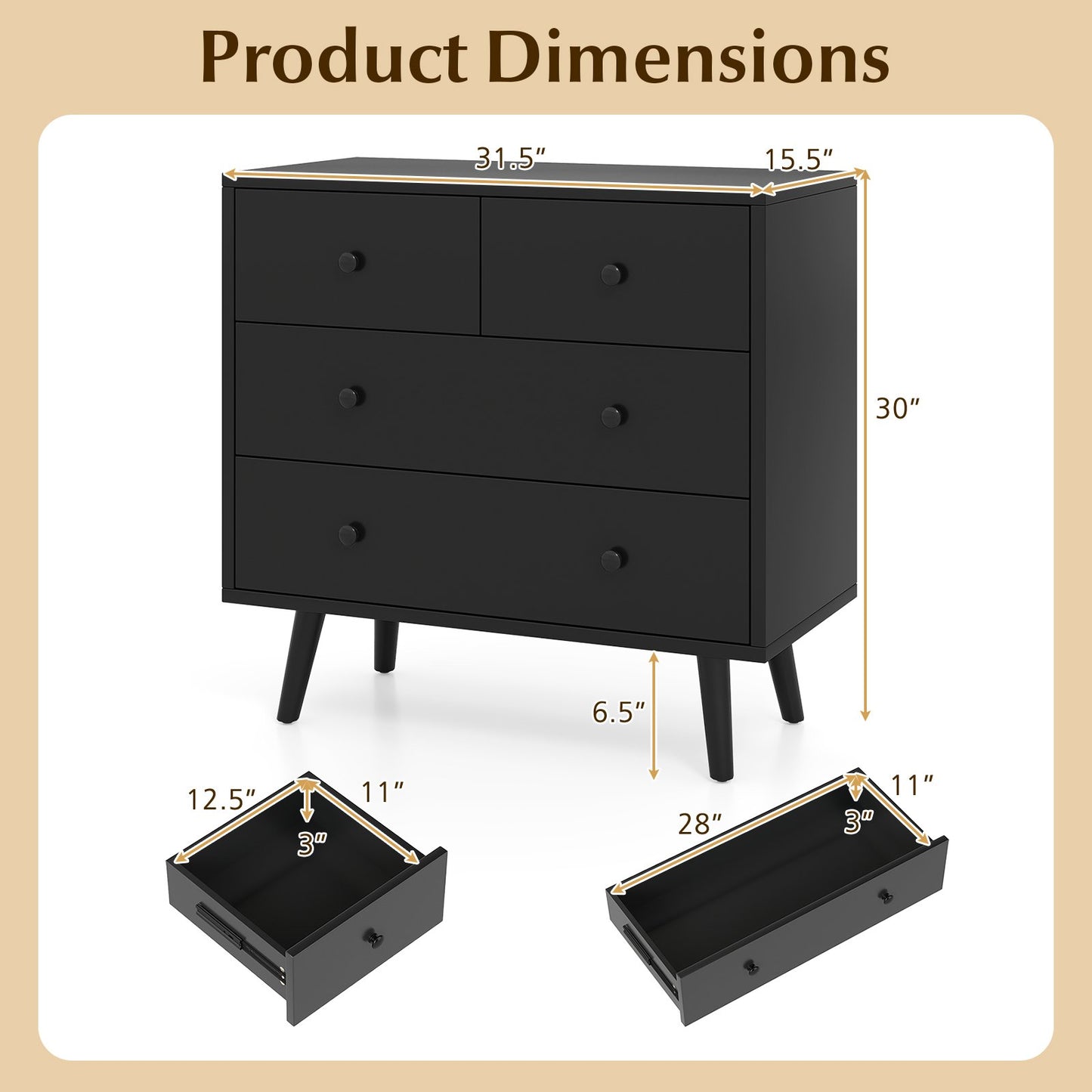 Wide Wooden Dresser with 4 Drawers for Bedroom Living Room, Black Dressers & Chests at Gallery Canada