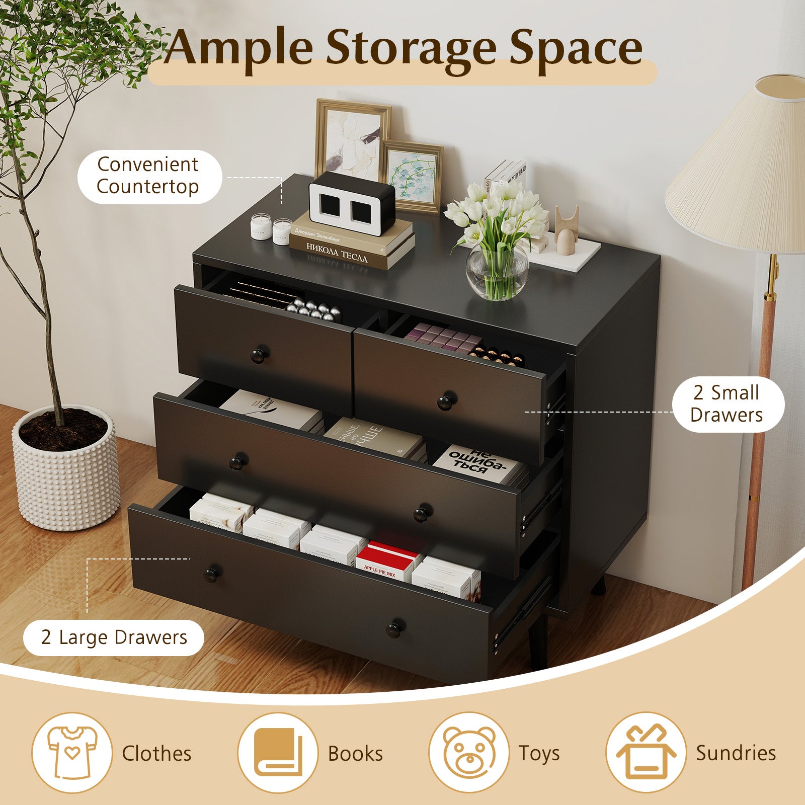 Wide Wooden Dresser with 4 Drawers for Bedroom Living Room, Black Dressers & Chests at Gallery Canada