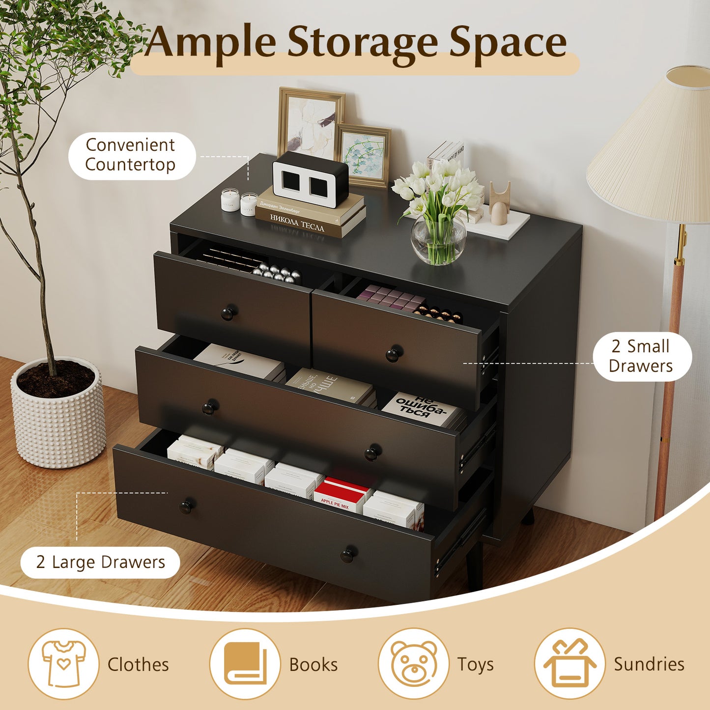 Wide Wooden Dresser with 4 Drawers for Bedroom Living Room, Black Dressers & Chests at Gallery Canada