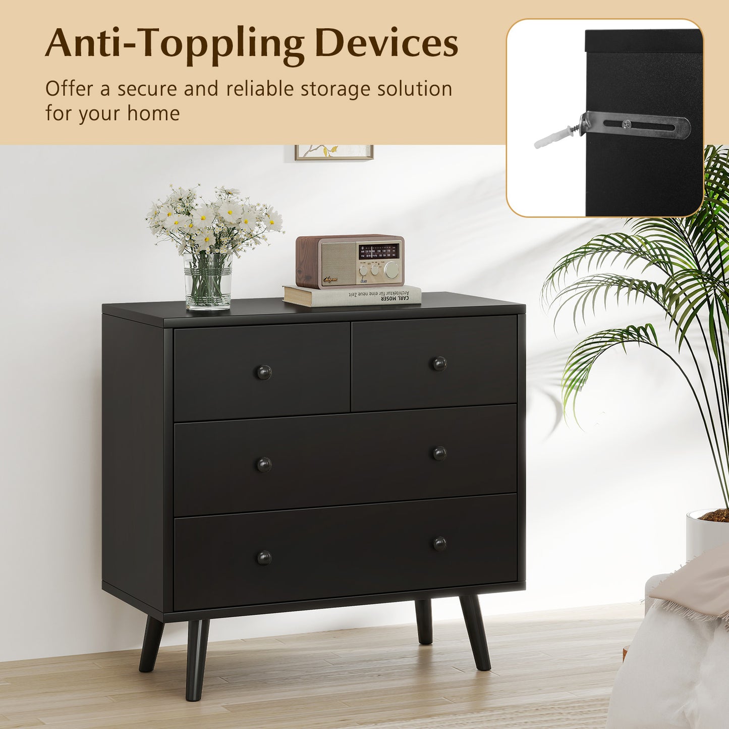 Wide Wooden Dresser with 4 Drawers for Bedroom Living Room, Black Dressers & Chests at Gallery Canada