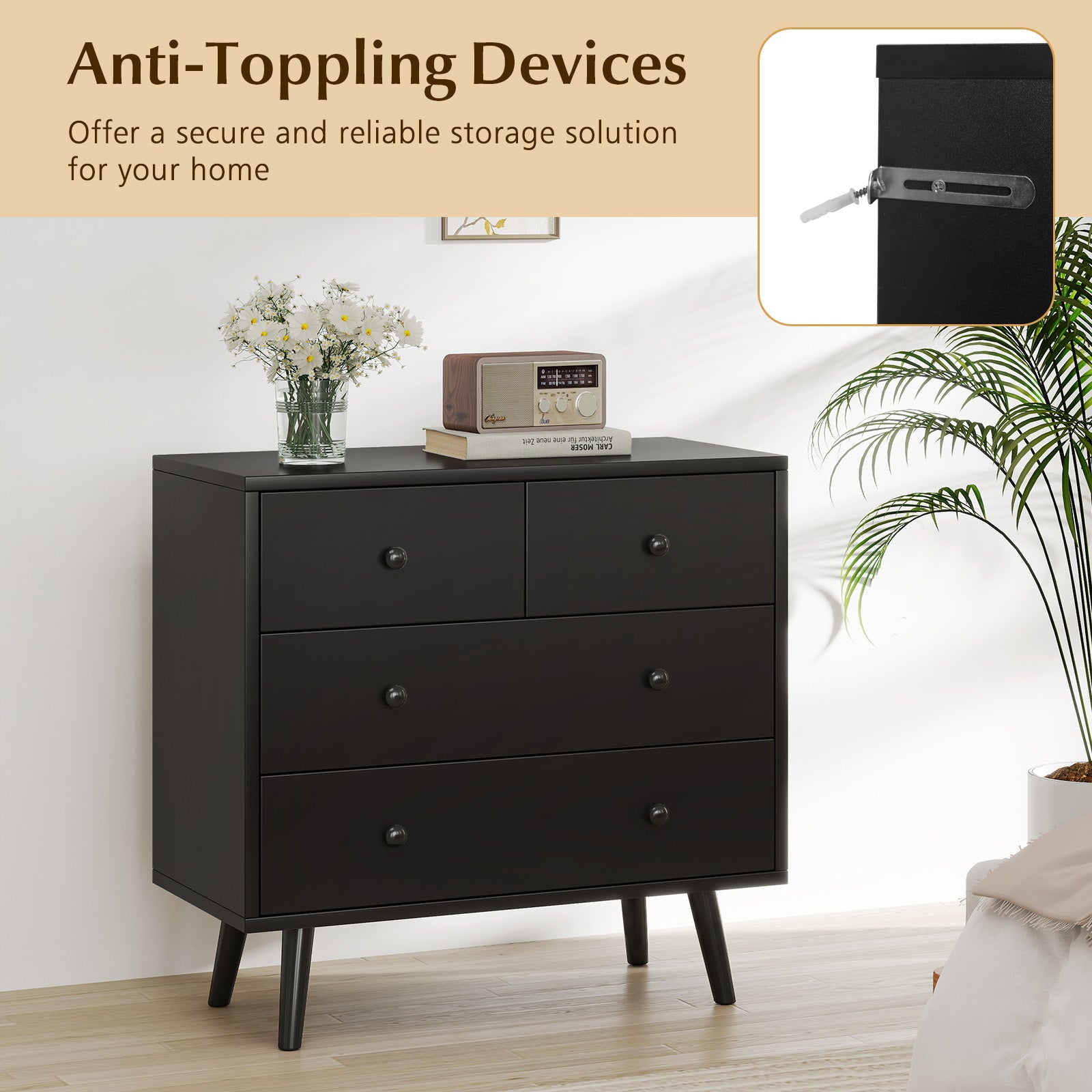 Wide Wooden Dresser with 4 Drawers for Bedroom Living Room, Black Dressers & Chests at Gallery Canada