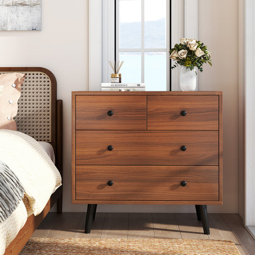Wide Wooden Dresser with 4 Drawers for Bedroom Living Room, Walnut