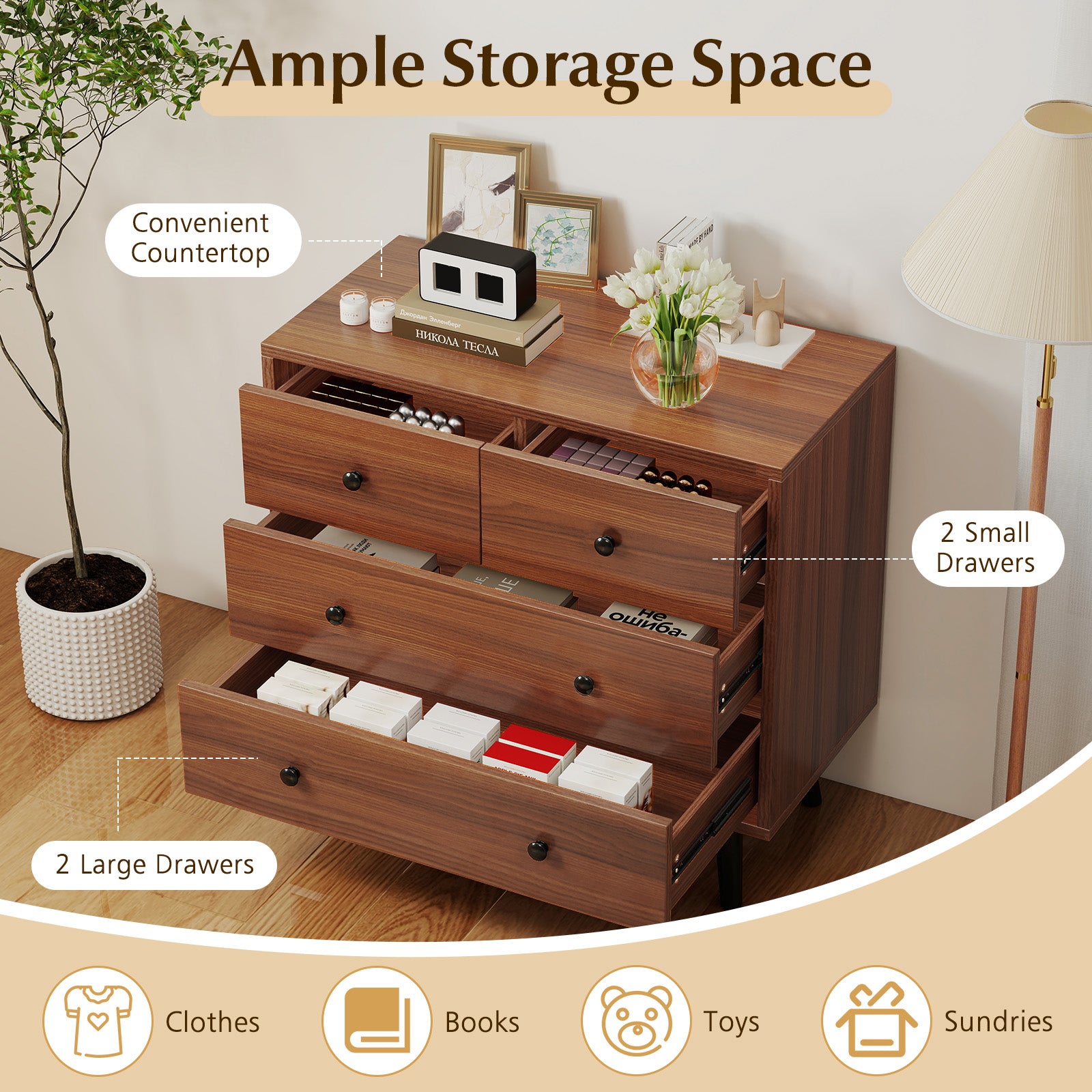 Wide Wooden Dresser with 4 Drawers for Bedroom Living Room, Walnut Dressers & Chests at Gallery Canada