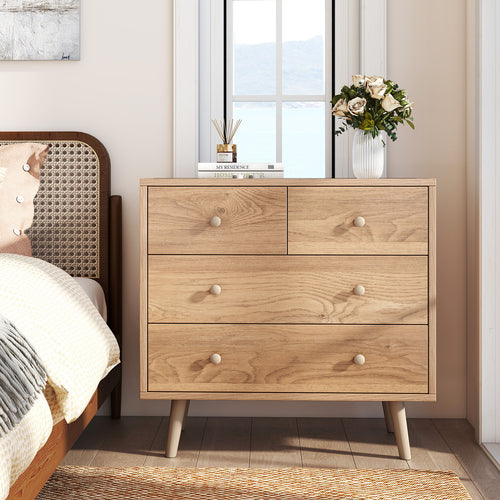 Wide Wooden Dresser with 4 Drawers for Bedroom Living Room, Natural