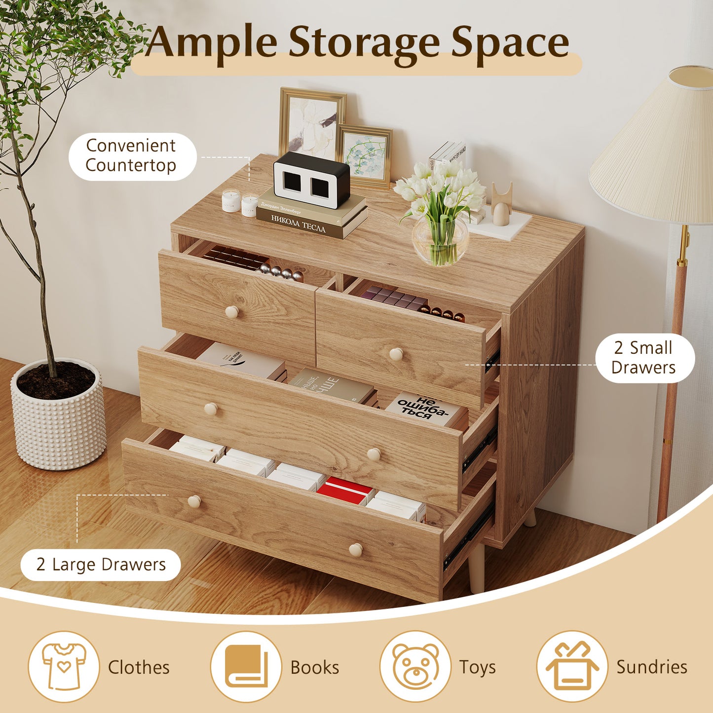 Wide Wooden Dresser with 4 Drawers for Bedroom Living Room, Natural Dressers & Chests at Gallery Canada