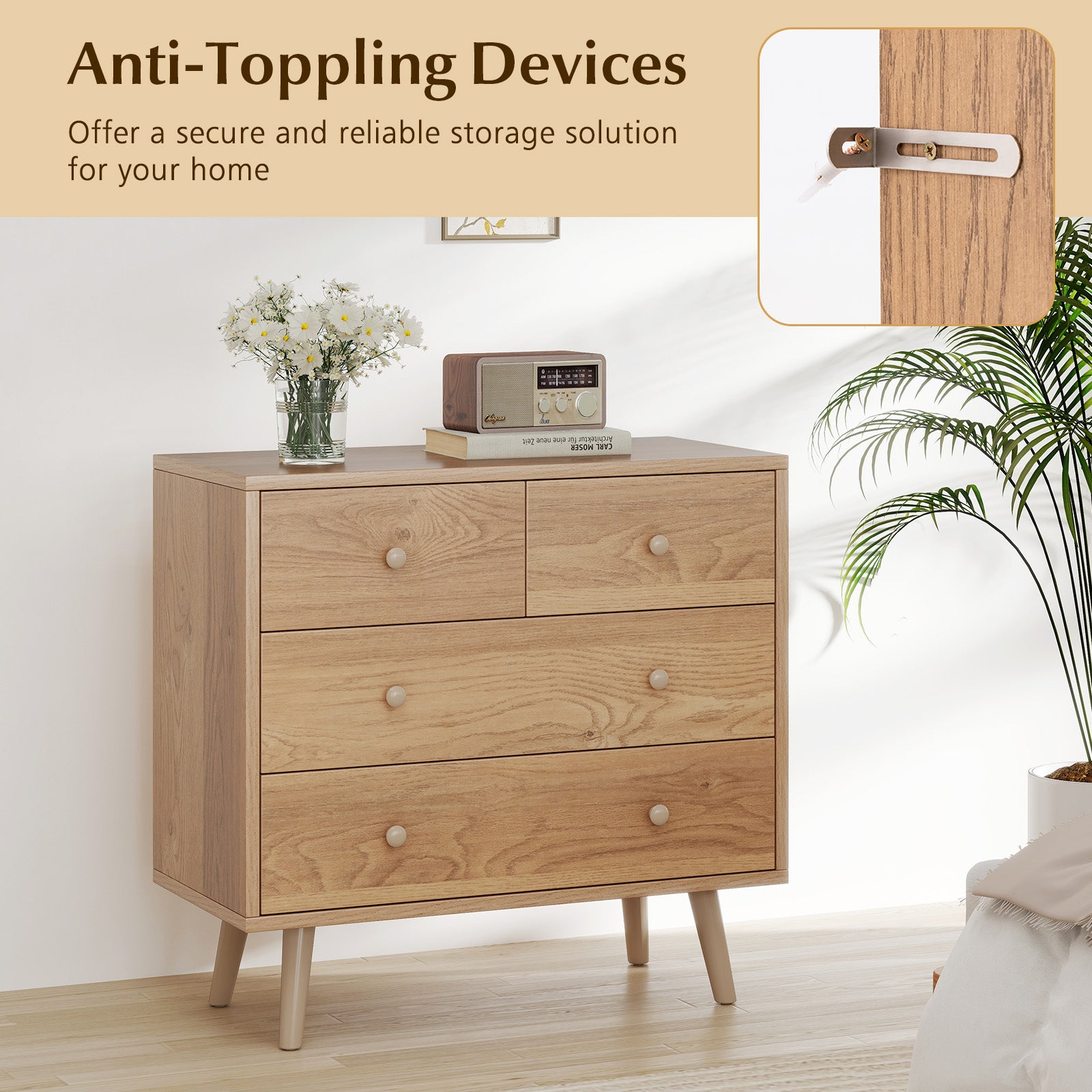 Wide Wooden Dresser with 4 Drawers for Bedroom Living Room, Natural Dressers & Chests at Gallery Canada