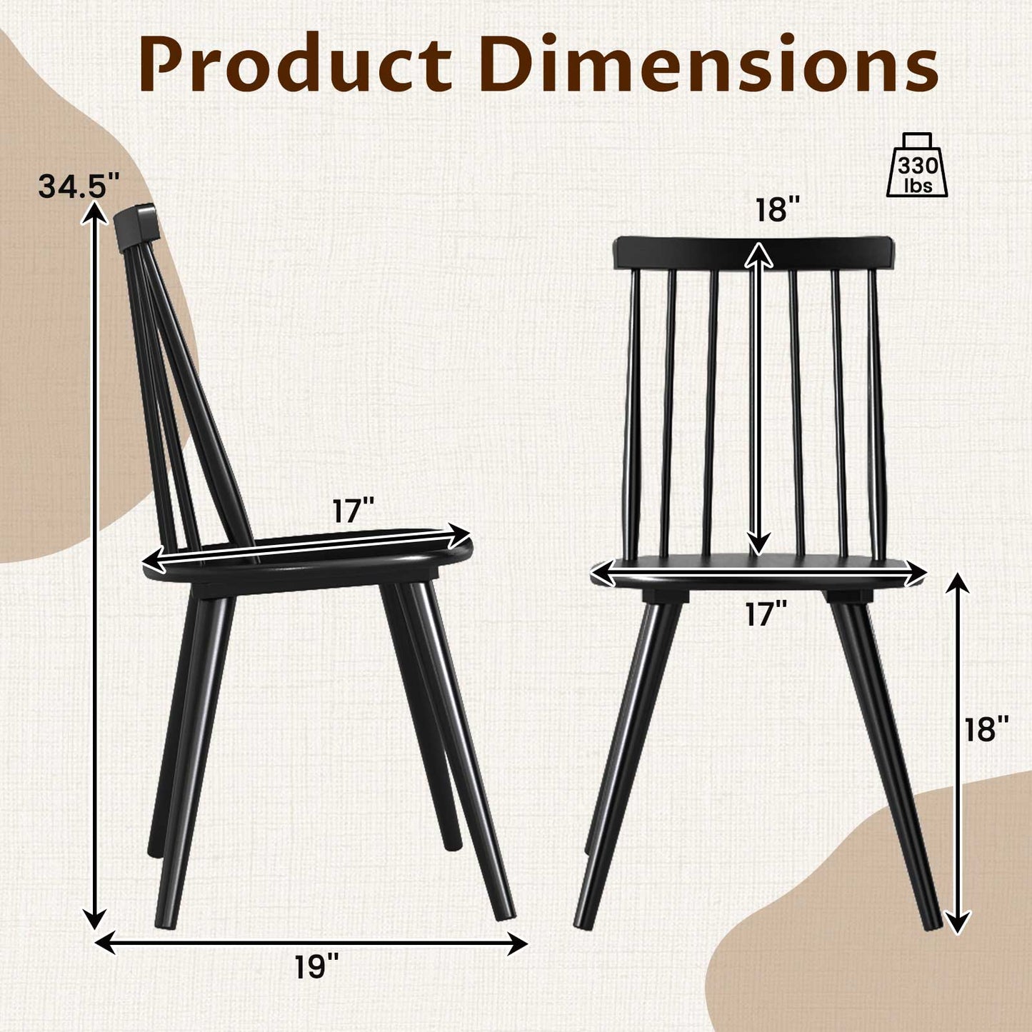 Windsor Dining Chair Set of 2, Solid Rubber Wood, Black
