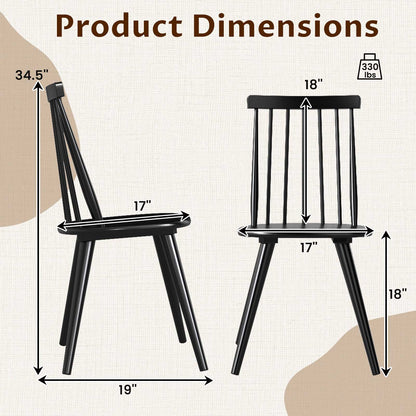 Windsor Dining Chair Set of 2, Solid Rubber Wood, Black