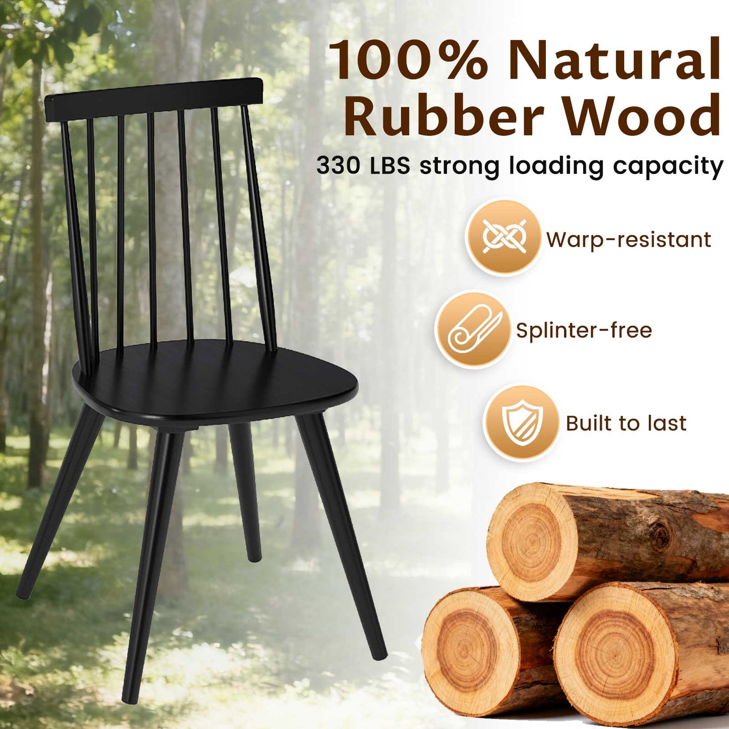 Windsor Dining Chair Set of 2, Solid Rubber Wood, Black
