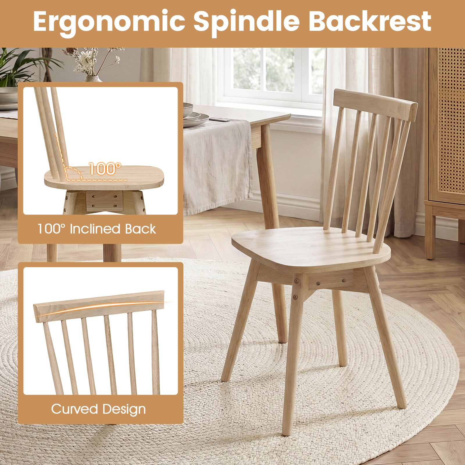 Mid Century Rubber Wood Dining Chairs, Set Of 2, Natural Dining Chairs at Gallery Canada