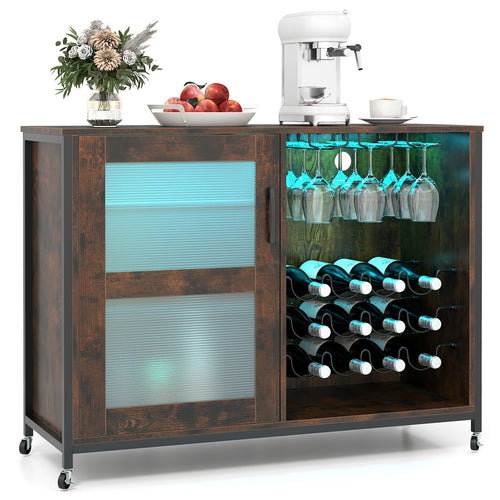 Wine Bar Cabinet, Adjustable Shelves, LED Light, Rustic Brown