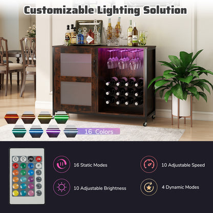 Bar à vin, Étagères ajustables, Lumière LED, Brun rustique