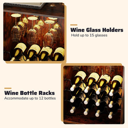 Bar à vin, Étagères ajustables, Lumière LED, Brun rustique