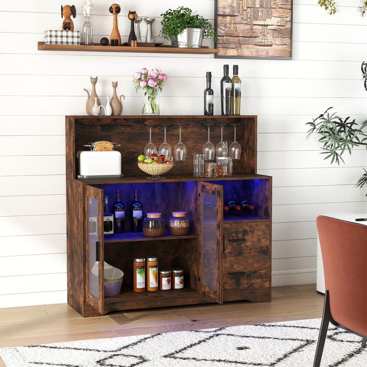 Bar à vin avec meuble et lumières LED, brun rustique