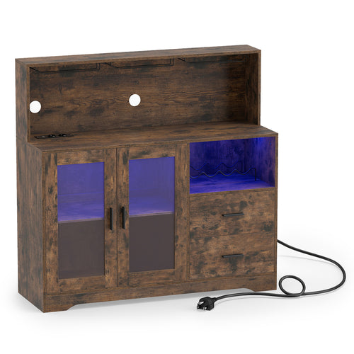 Wine Bar Cabinet with LED Lights, Rustic Brown