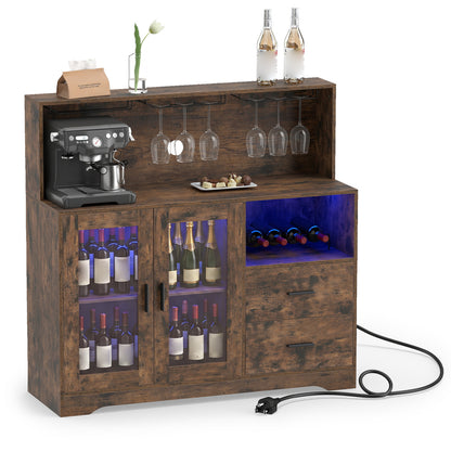 Bar à vin avec meuble et lumières LED, brun rustique