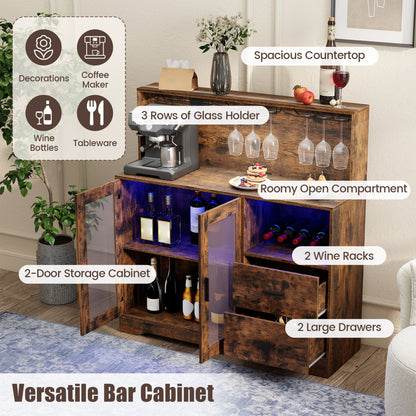 Bar à vin avec meuble et lumières LED, brun rustique