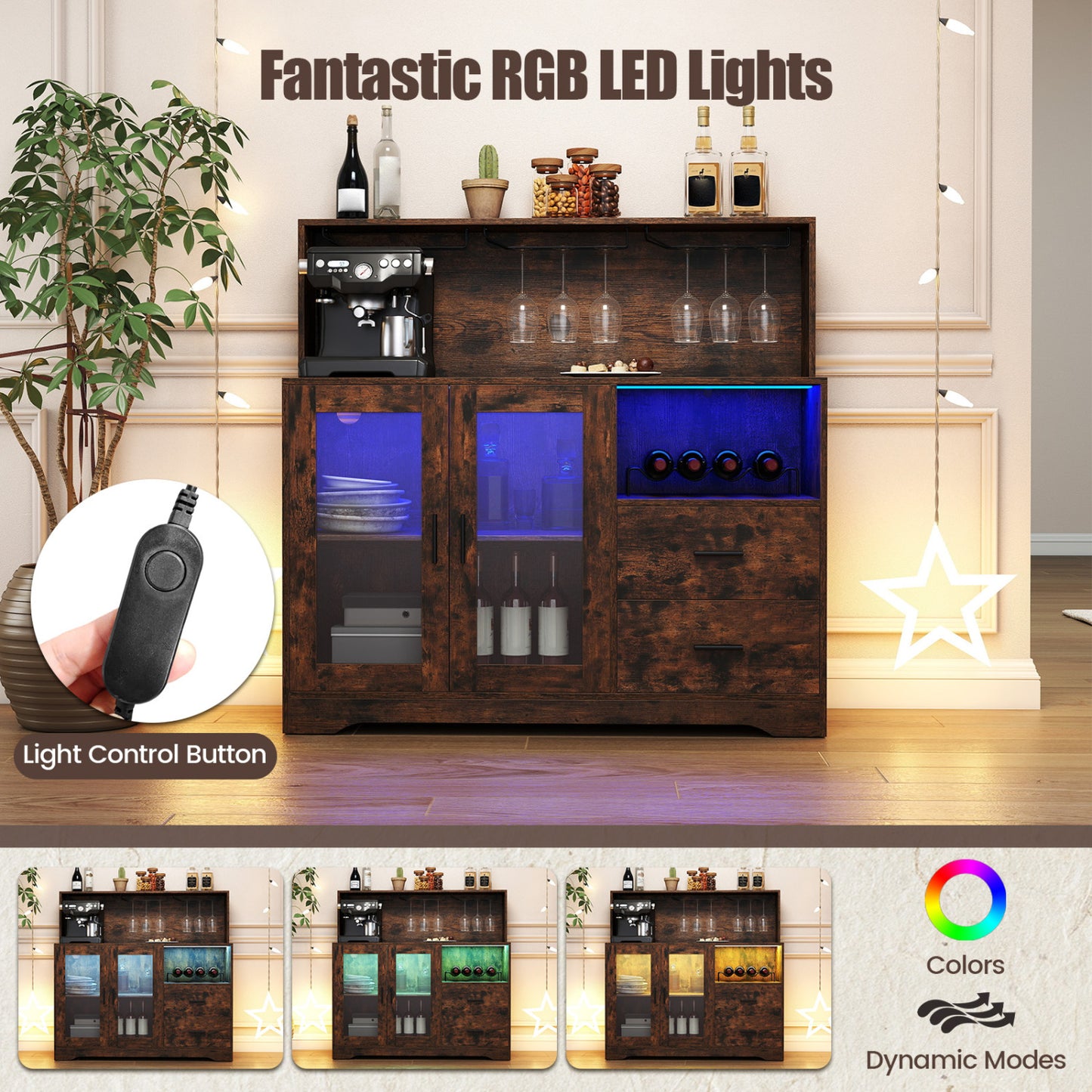 Bar à vin avec meuble et lumières LED, brun rustique