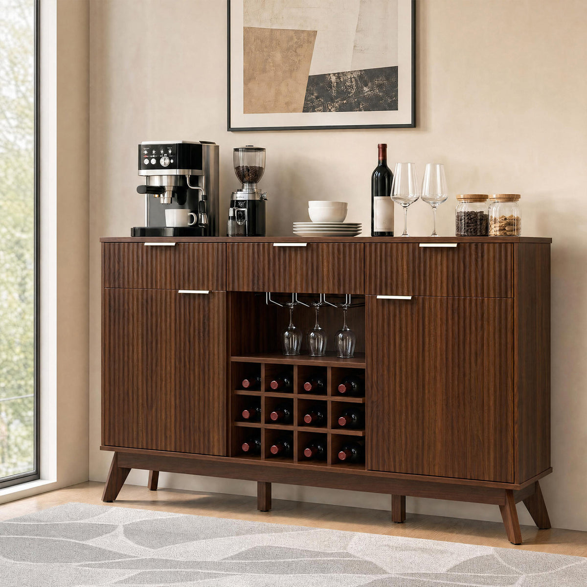 Wine Bar Cabinet, Adjustable Shelves, 2 Doors, 3 Glass Holders, Brown