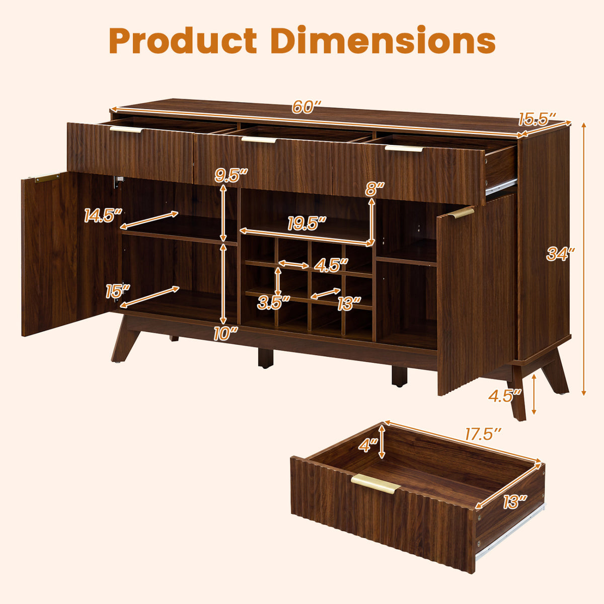 Wine Bar Cabinet, Adjustable Shelves, 2 Doors, 3 Glass Holders, Brown