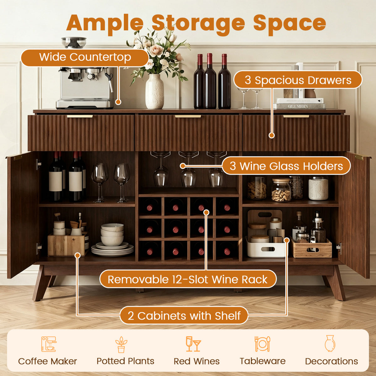 Wine Bar Cabinet, Adjustable Shelves, 2 Doors, 3 Glass Holders, Brown